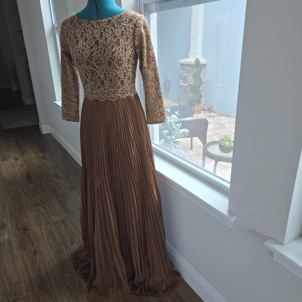 Hebeos Formal Dress Womens Small Brown Lace Top Chiffon Pleated Skirt Long